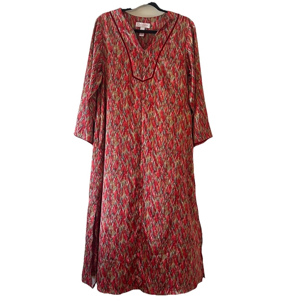 Oscar de la Renta Geometric Satin Pockets Caftan‎ Dress Muumuu Half Zip Sz Small